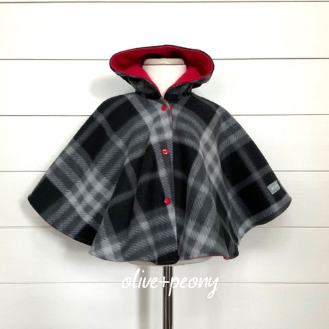 Plaid About You Poncho - Black & White Mixed Plaid/Red Lining